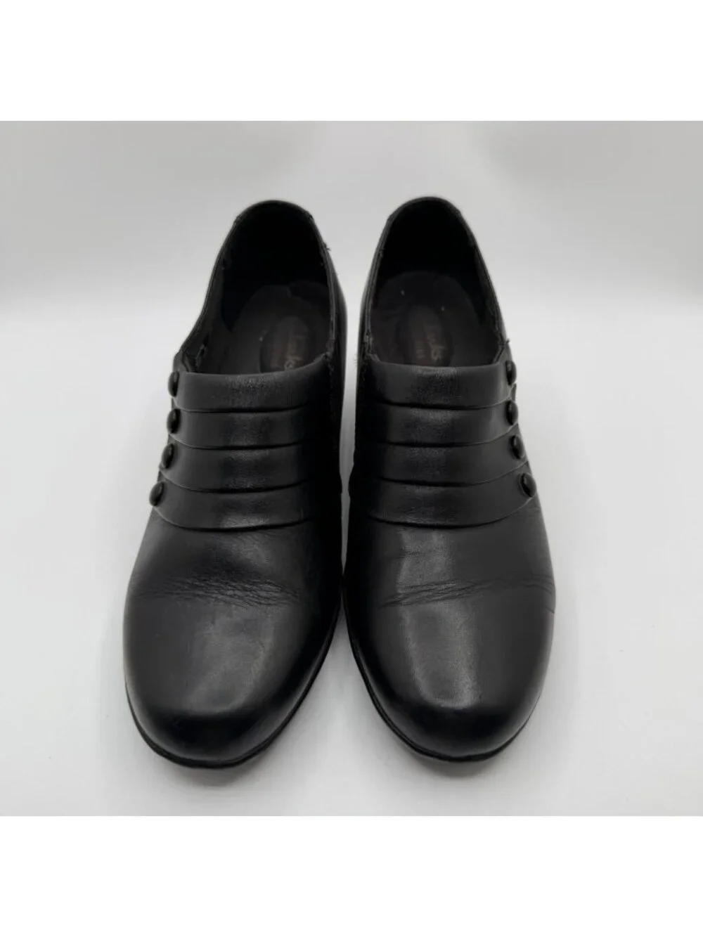 Clarks Loafers Shoes Women 7.5M Black Leather Casual Comfort Slip On Block Heel